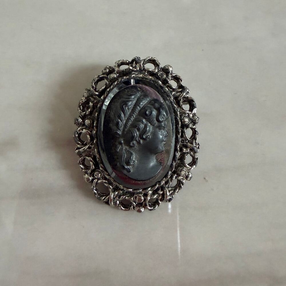 Black & Gray Carved Regency Silver Scroll Small Brooch Romantic Victorian